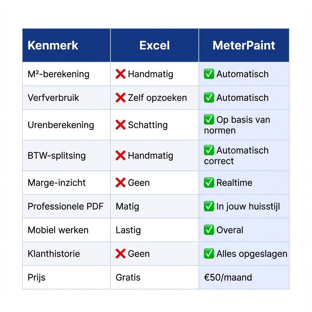 Vergelijkingstabel Excel vs MeterPaint